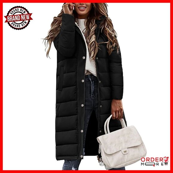 Jackets & Blazers - Women's Mid-Length Puffer Coat with Hood, Quilted Winter Jacket